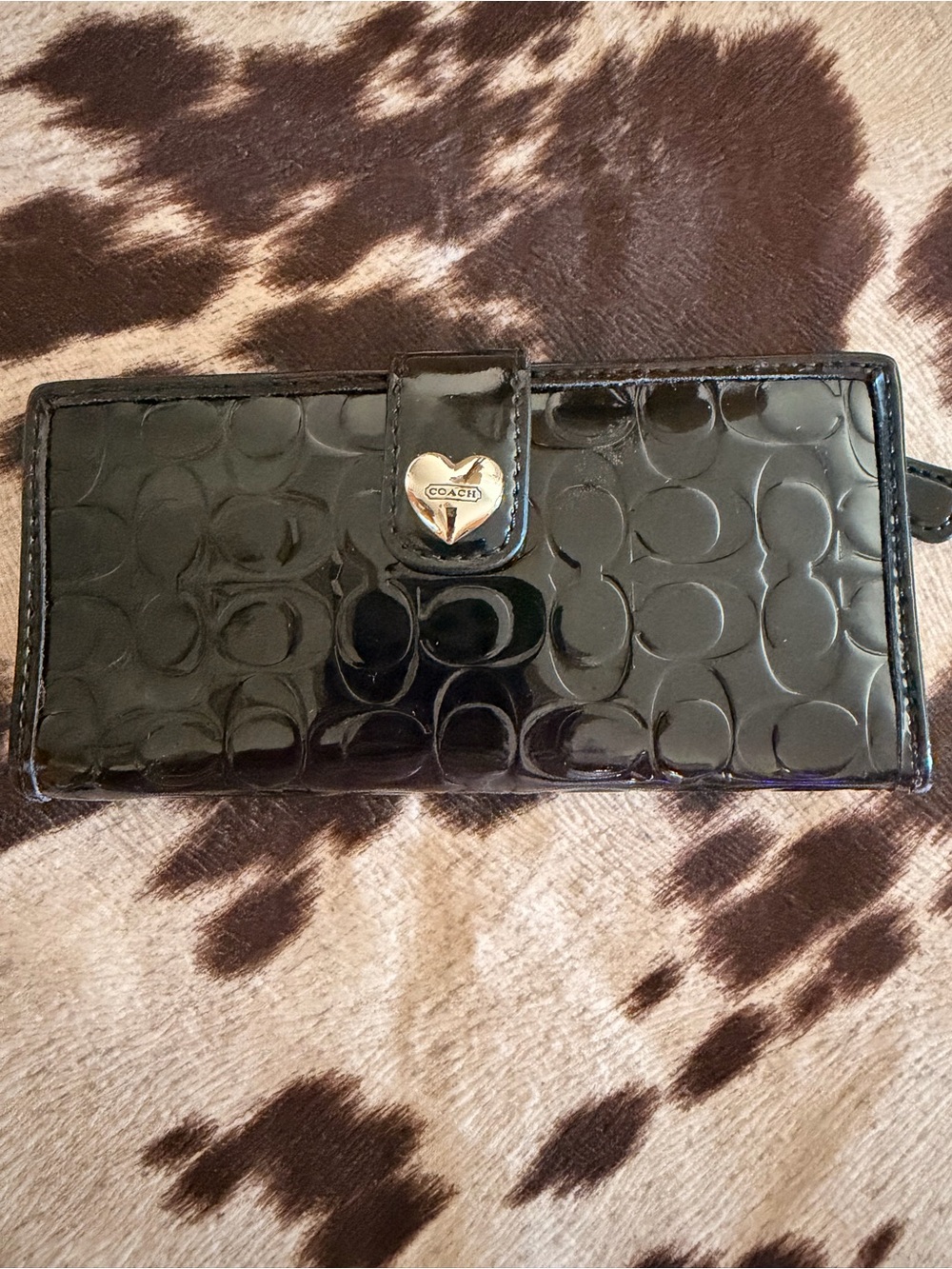 Coach Black Patent Signature Heart Snap Wallet